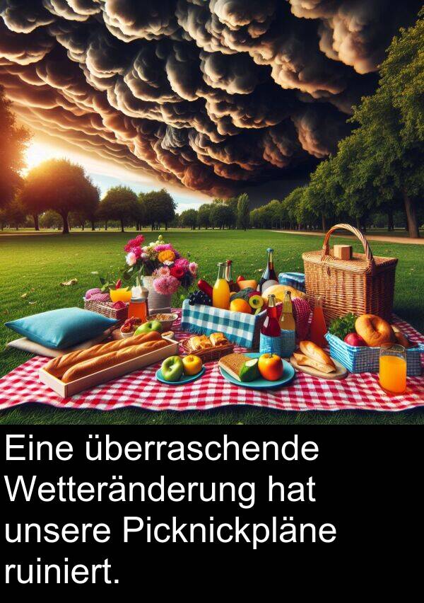 ruiniert: Eine überraschende Wetteränderung hat unsere Picknickpläne ruiniert.