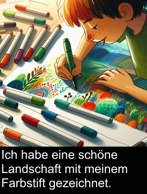 Farbstift: Ich habe eine schöne Landschaft mit meinem Farbstift gezeichnet.