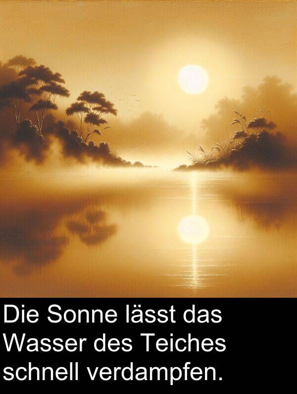 lässt: Die Sonne lässt das Wasser des Teiches schnell verdampfen.
