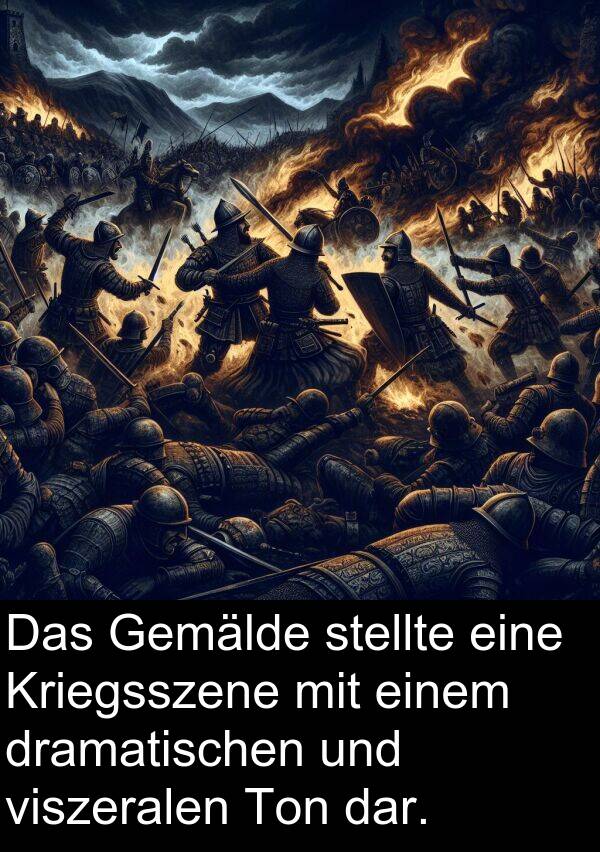 dar: Das Gemälde stellte eine Kriegsszene mit einem dramatischen und viszeralen Ton dar.