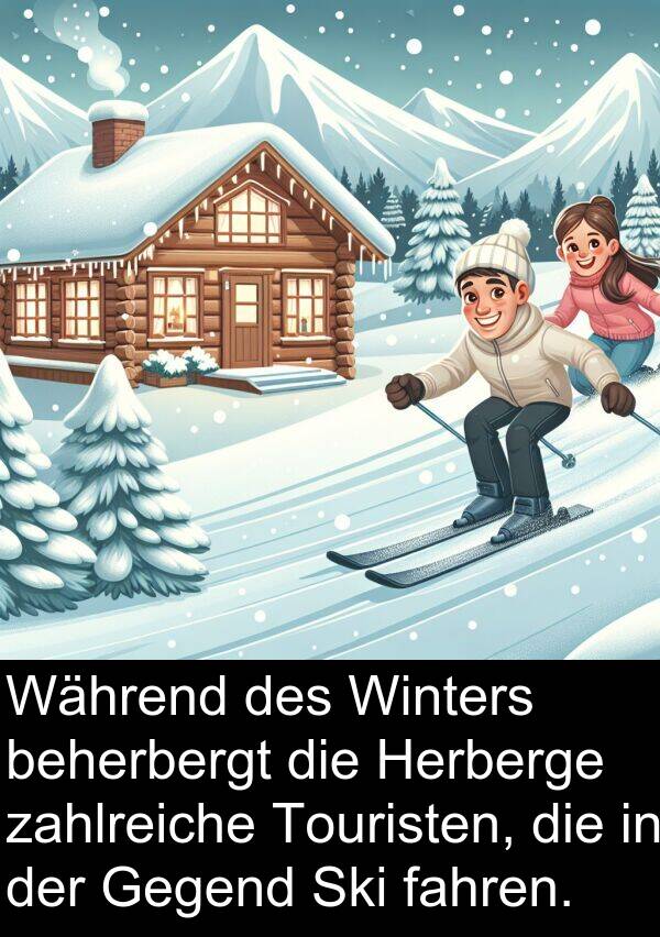 fahren: Während des Winters beherbergt die Herberge zahlreiche Touristen, die in der Gegend Ski fahren.