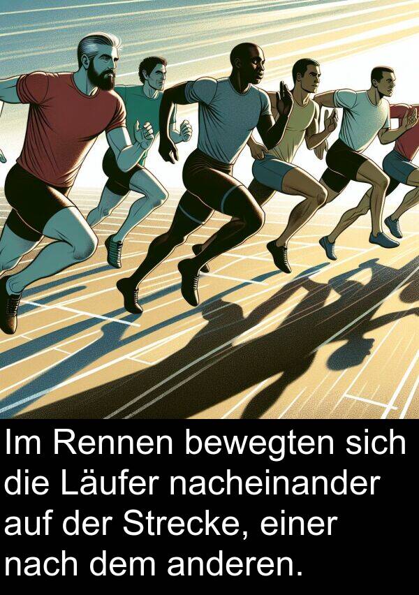 Strecke: Im Rennen bewegten sich die Läufer nacheinander auf der Strecke, einer nach dem anderen.