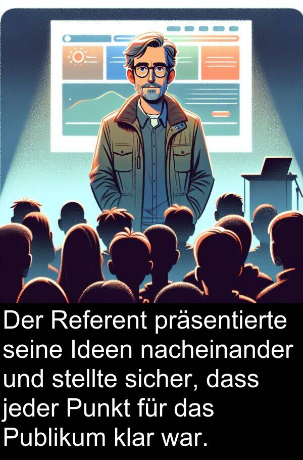Ideen: Der Referent präsentierte seine Ideen nacheinander und stellte sicher, dass jeder Punkt für das Publikum klar war.