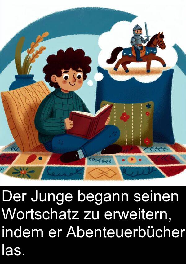 Abenteuerbücher: Der Junge begann seinen Wortschatz zu erweitern, indem er Abenteuerbücher las.
