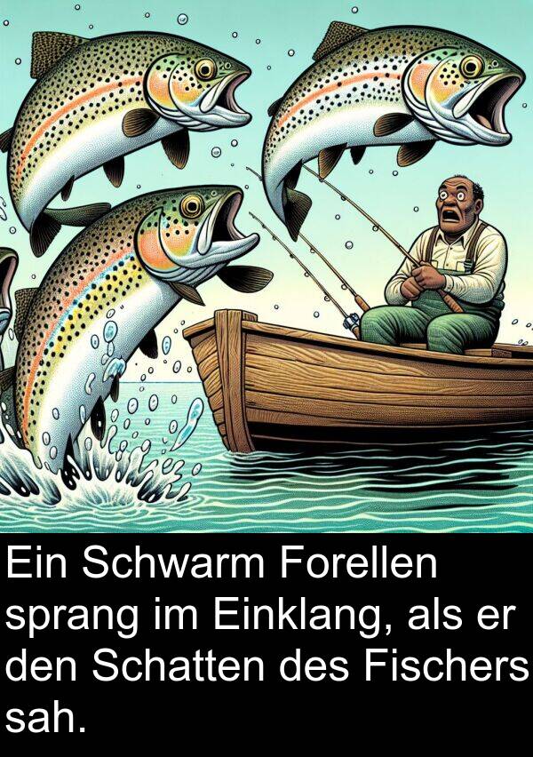 sah: Ein Schwarm Forellen sprang im Einklang, als er den Schatten des Fischers sah.