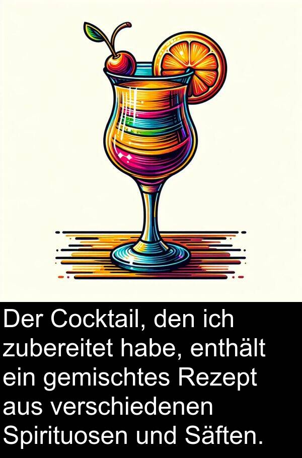 Rezept: Der Cocktail, den ich zubereitet habe, enthält ein gemischtes Rezept aus verschiedenen Spirituosen und Säften.