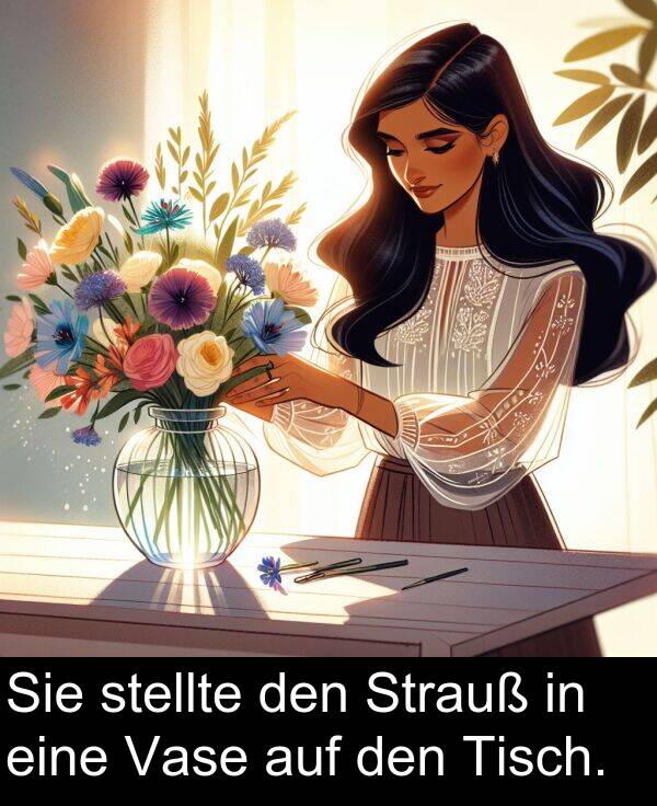Vase: Sie stellte den Strauß in eine Vase auf den Tisch.