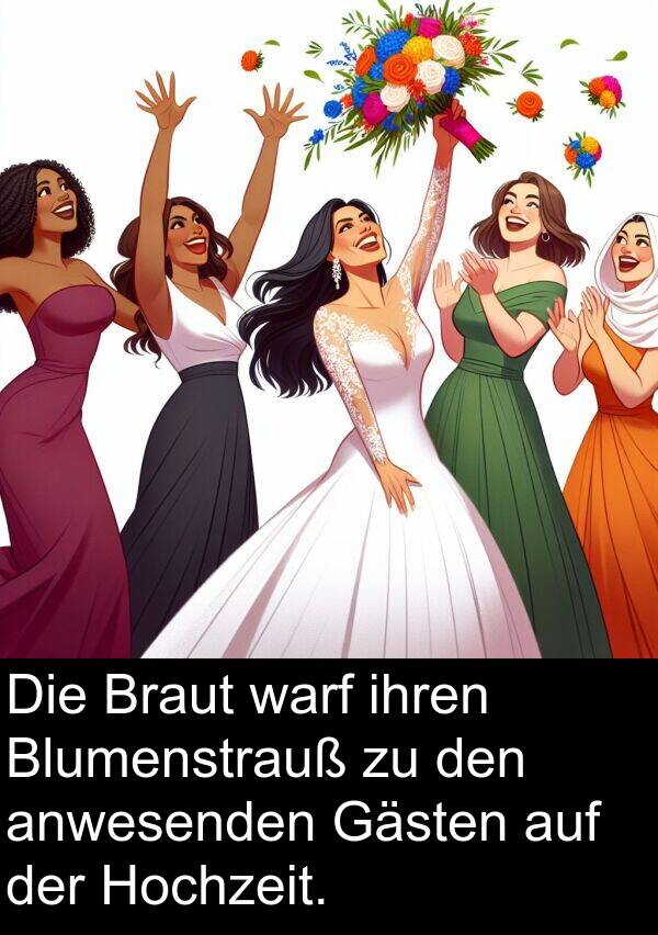warf: Die Braut warf ihren Blumenstrauß zu den anwesenden Gästen auf der Hochzeit.