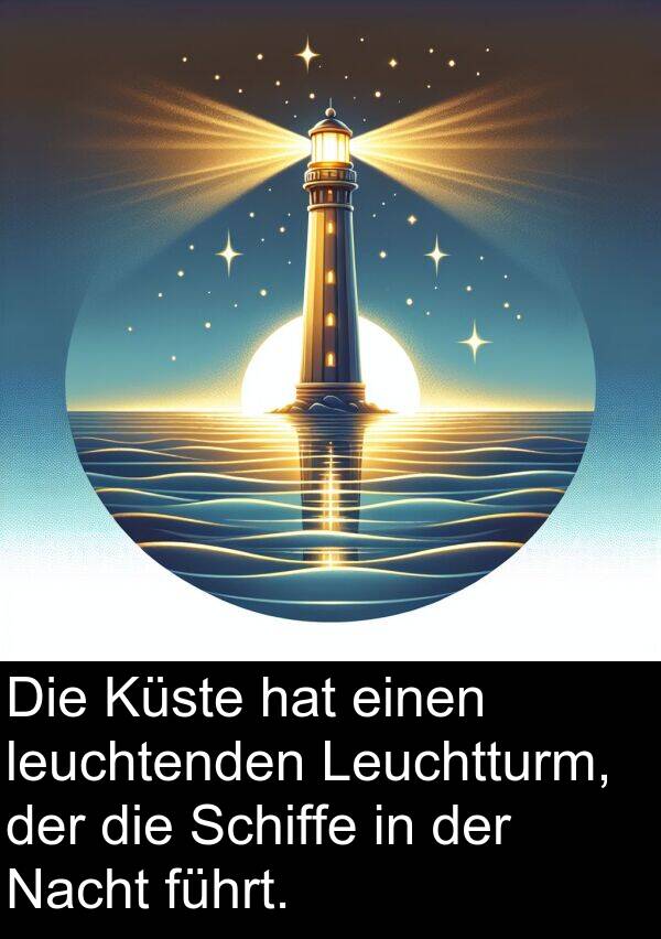 führt: Die Küste hat einen leuchtenden Leuchtturm, der die Schiffe in der Nacht führt.