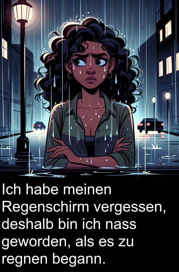 deshalb: Ich habe meinen Regenschirm vergessen, deshalb bin ich nass geworden, als es zu regnen begann.