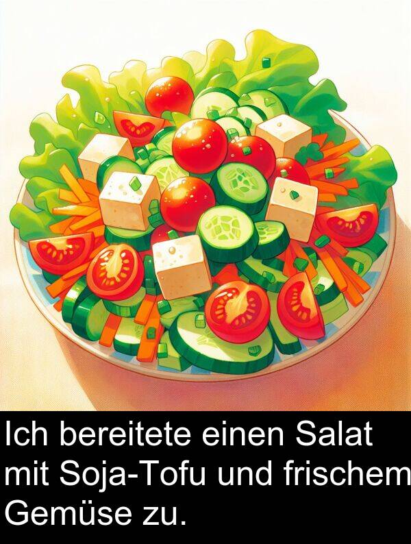 frischem: Ich bereitete einen Salat mit Soja-Tofu und frischem Gemüse zu.