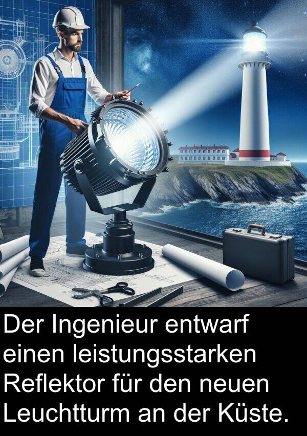Reflektor: Der Ingenieur entwarf einen leistungsstarken Reflektor für den neuen Leuchtturm an der Küste.