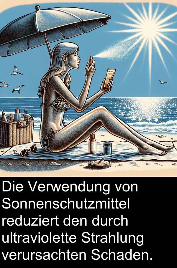 Verwendung: Die Verwendung von Sonnenschutzmittel reduziert den durch ultraviolette Strahlung verursachten Schaden.