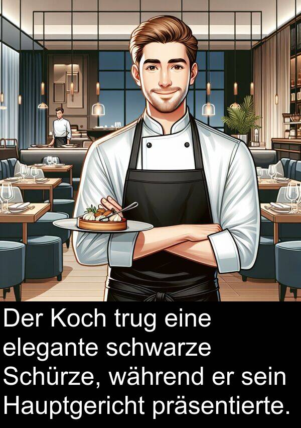 präsentierte: Der Koch trug eine elegante schwarze Schürze, während er sein Hauptgericht präsentierte.