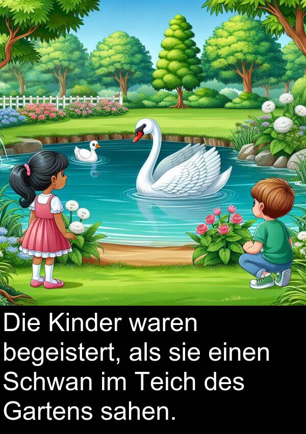 Gartens: Die Kinder waren begeistert, als sie einen Schwan im Teich des Gartens sahen.