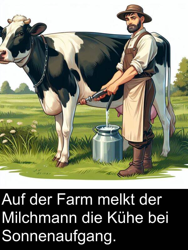 Farm: Auf der Farm melkt der Milchmann die Kühe bei Sonnenaufgang.