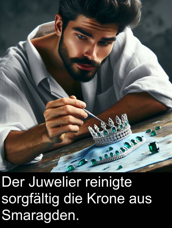 Juwelier: Der Juwelier reinigte sorgfältig die Krone aus Smaragden.