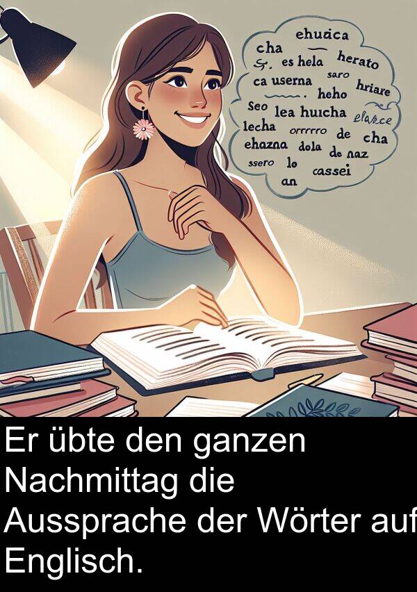 Nachmittag: Er übte den ganzen Nachmittag die Aussprache der Wörter auf Englisch.