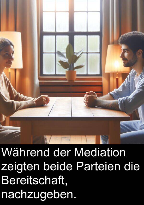 nachzugeben: Während der Mediation zeigten beide Parteien die Bereitschaft, nachzugeben.