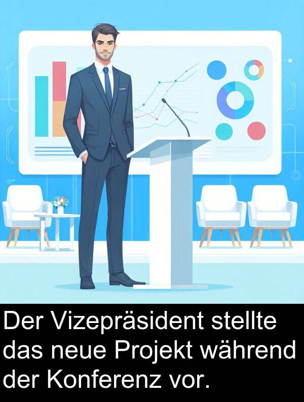 Vizepräsident: Der Vizepräsident stellte das neue Projekt während der Konferenz vor.