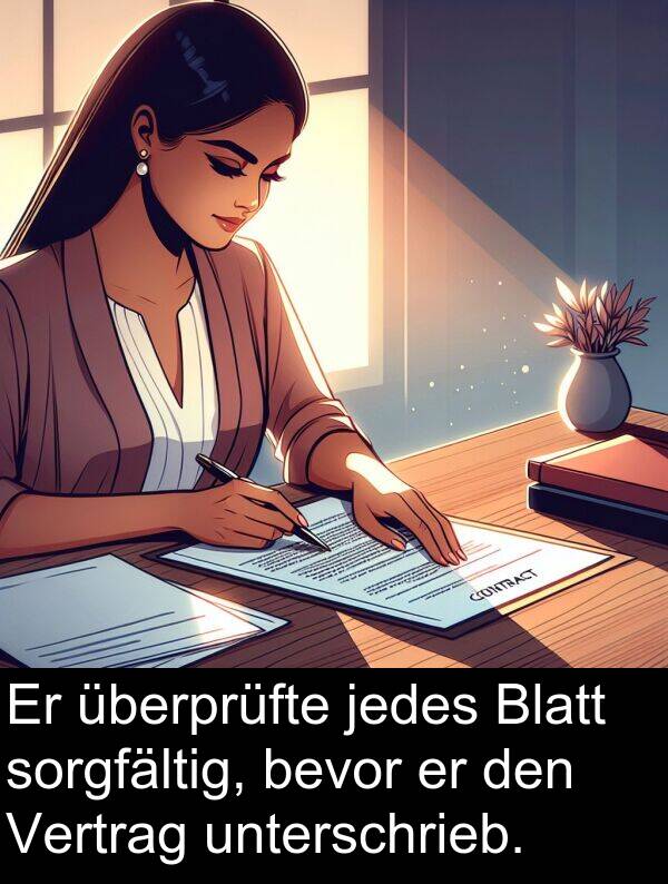 überprüfte: Er überprüfte jedes Blatt sorgfältig, bevor er den Vertrag unterschrieb.