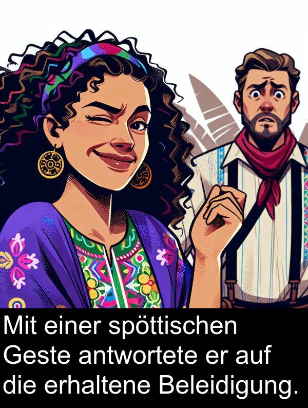 antwortete: Mit einer spöttischen Geste antwortete er auf die erhaltene Beleidigung.