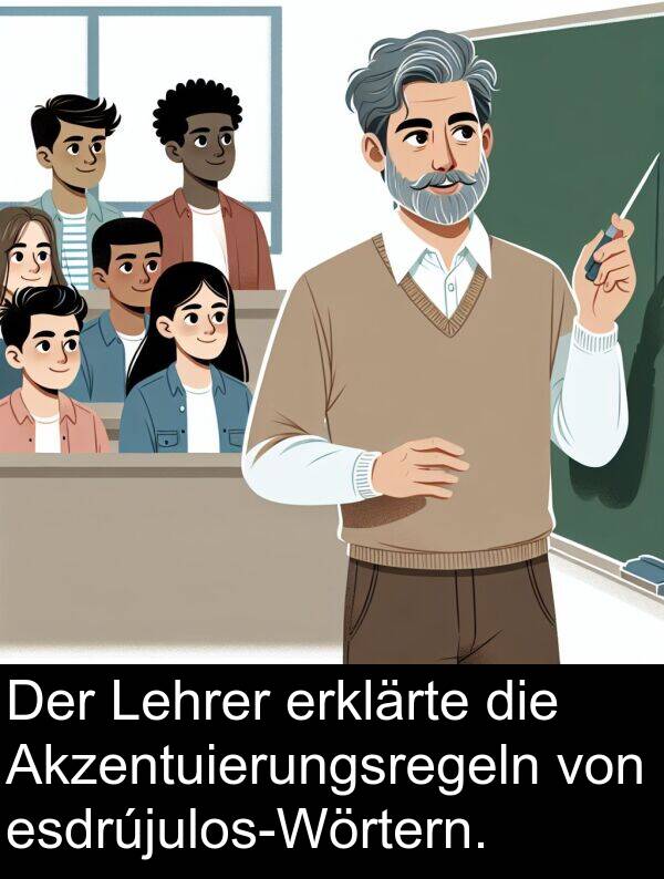 Lehrer: Der Lehrer erklärte die Akzentuierungsregeln von esdrújulos-Wörtern.