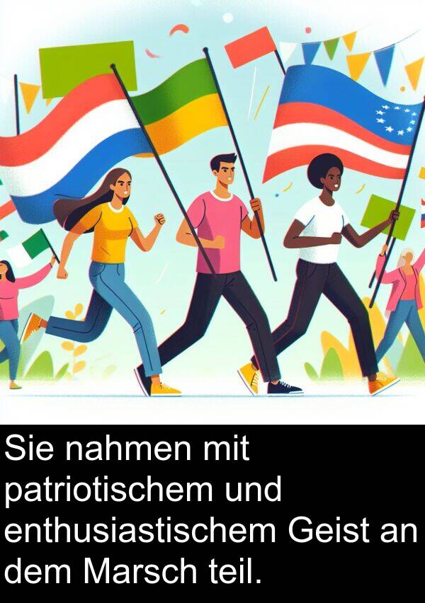 Marsch: Sie nahmen mit patriotischem und enthusiastischem Geist an dem Marsch teil.