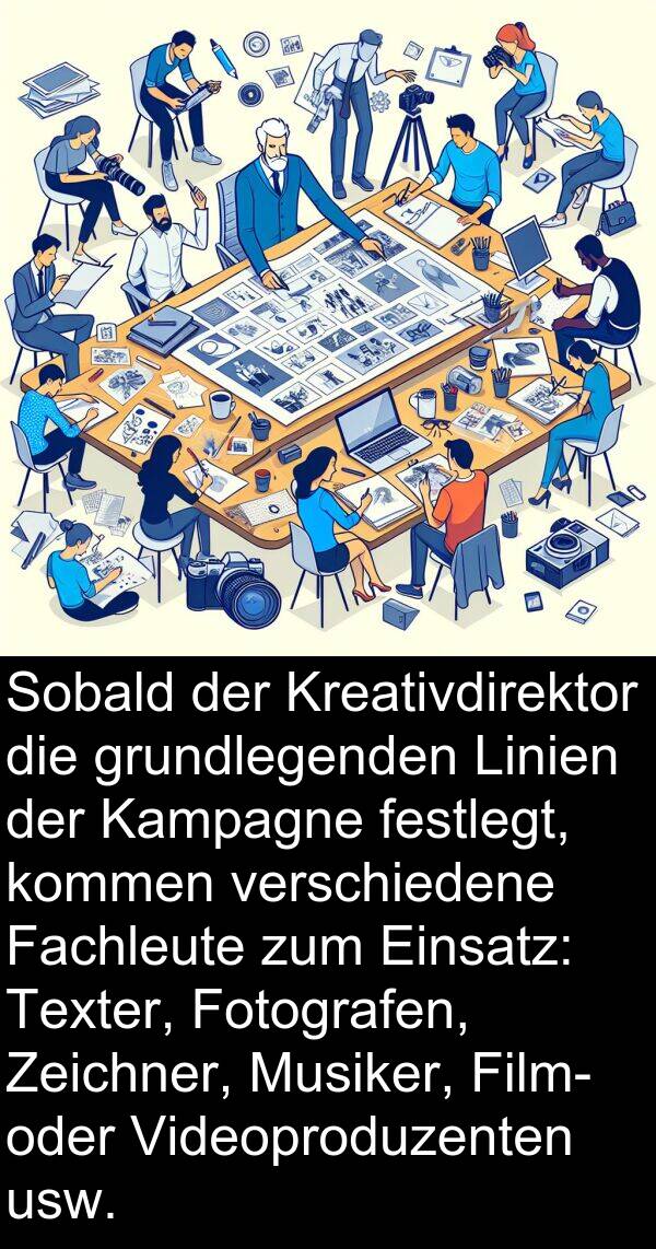 Fachleute: Sobald der Kreativdirektor die grundlegenden Linien der Kampagne festlegt, kommen verschiedene Fachleute zum Einsatz: Texter, Fotografen, Zeichner, Musiker, Film- oder Videoproduzenten usw.