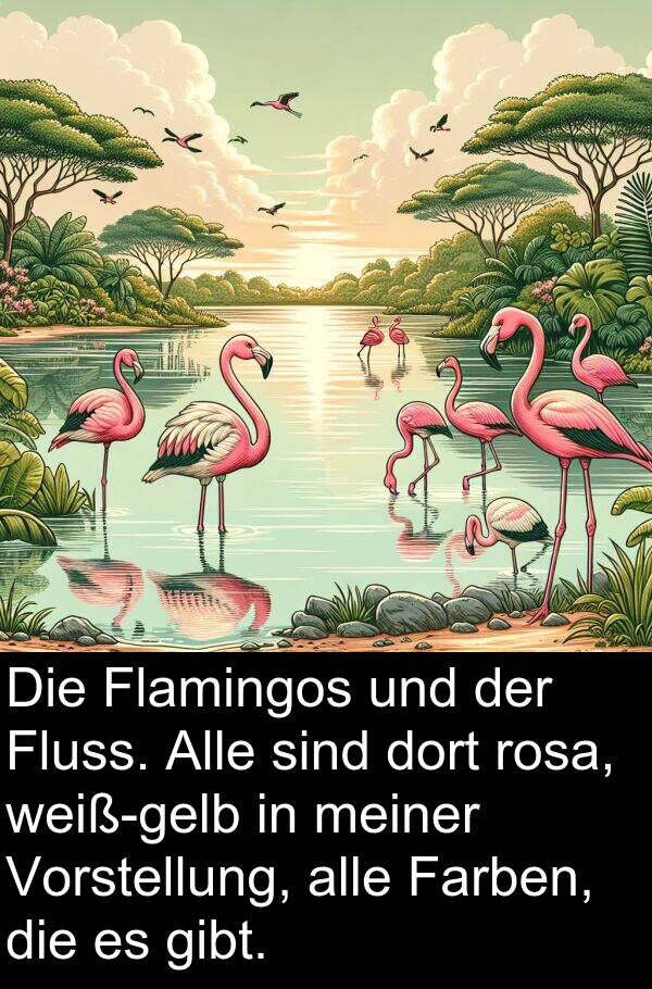 Farben: Die Flamingos und der Fluss. Alle sind dort rosa, weiß-gelb in meiner Vorstellung, alle Farben, die es gibt.