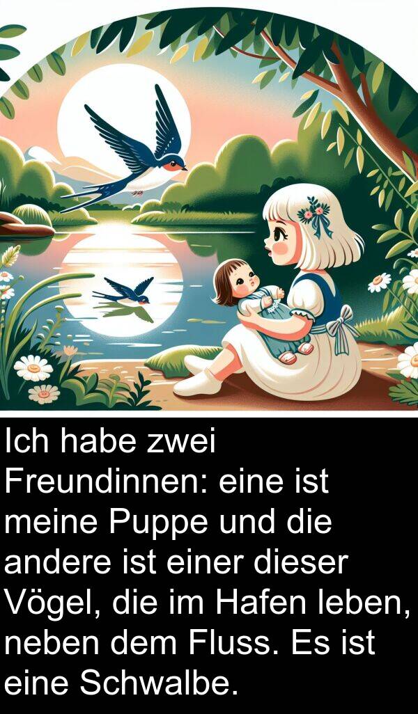 Hafen: Ich habe zwei Freundinnen: eine ist meine Puppe und die andere ist einer dieser Vögel, die im Hafen leben, neben dem Fluss. Es ist eine Schwalbe.