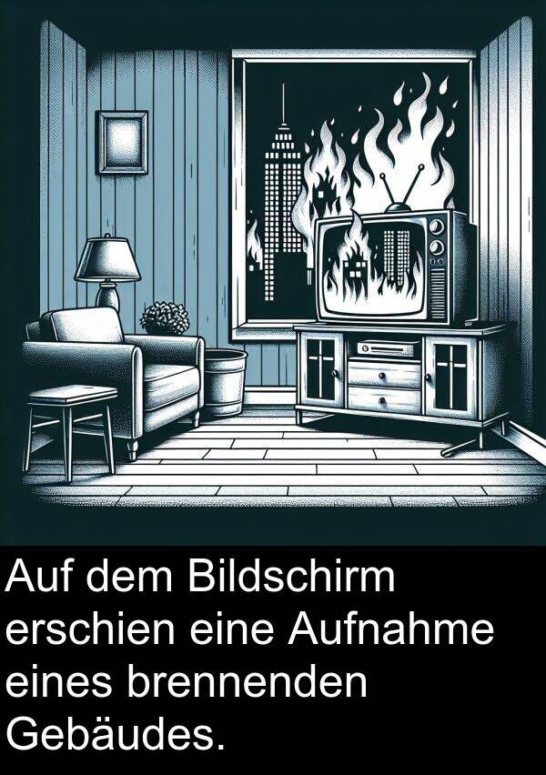 Gebäudes: Auf dem Bildschirm erschien eine Aufnahme eines brennenden Gebäudes.