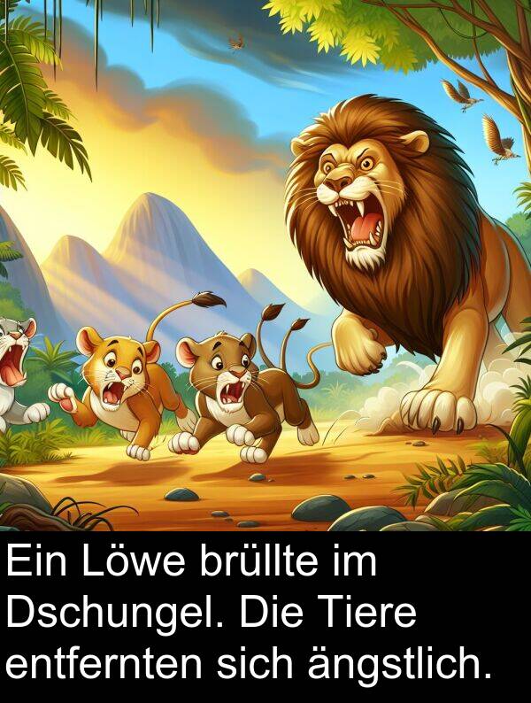 Dschungel: Ein Löwe brüllte im Dschungel. Die Tiere entfernten sich ängstlich.