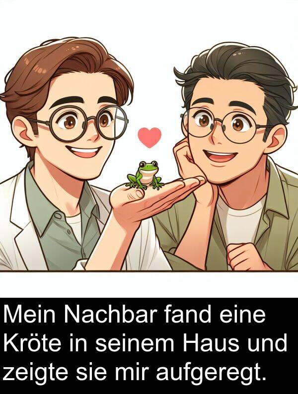 fand: Mein Nachbar fand eine Kröte in seinem Haus und zeigte sie mir aufgeregt.