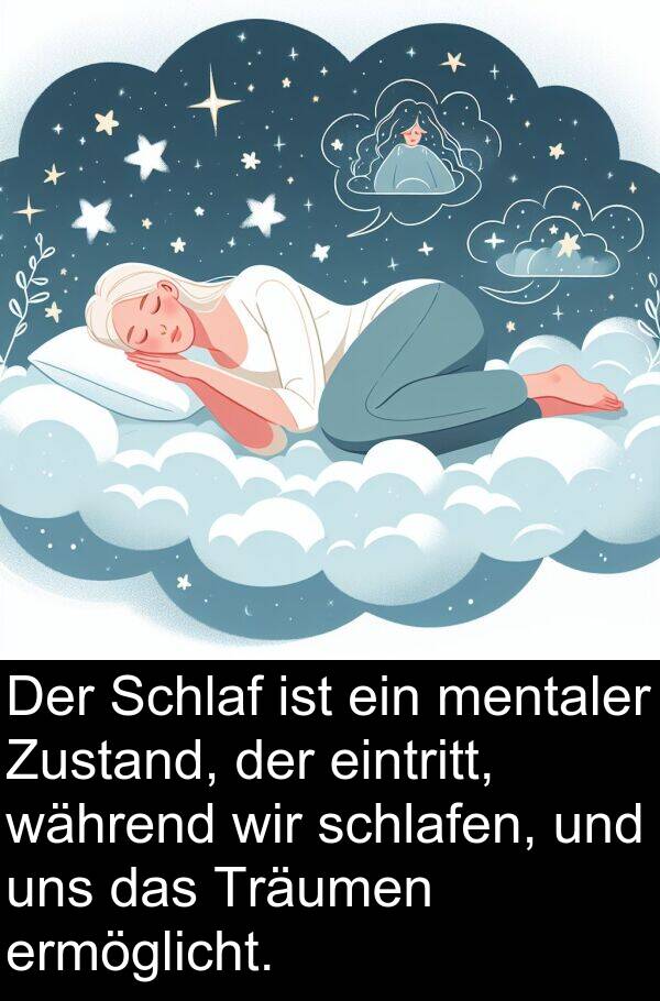 mentaler: Der Schlaf ist ein mentaler Zustand, der eintritt, während wir schlafen, und uns das Träumen ermöglicht.