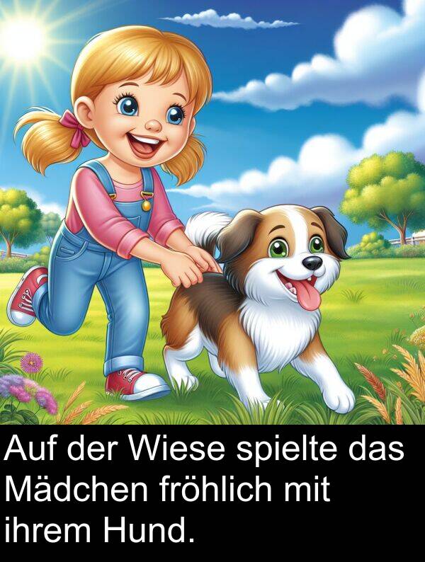 fröhlich: Auf der Wiese spielte das Mädchen fröhlich mit ihrem Hund.