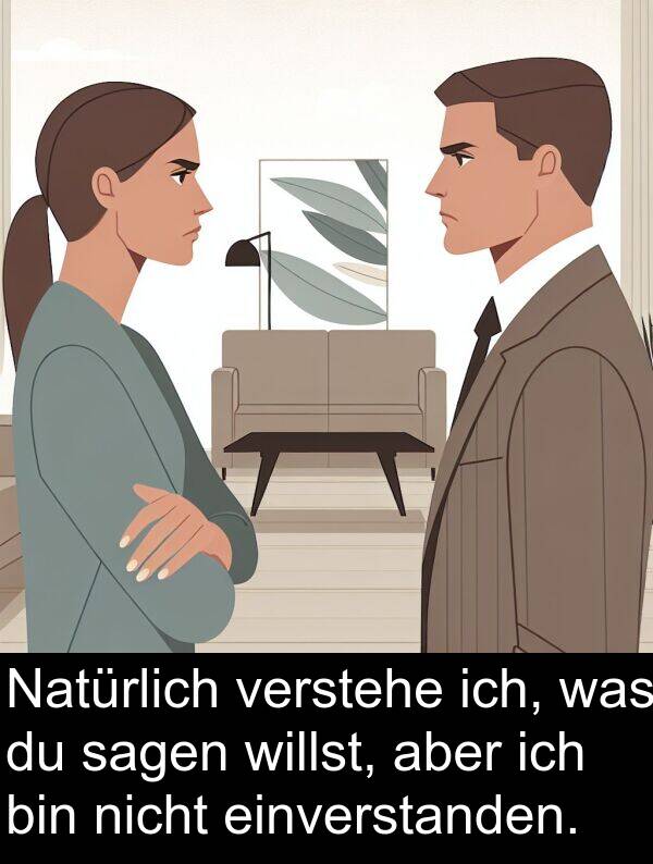 willst: Natürlich verstehe ich, was du sagen willst, aber ich bin nicht einverstanden.