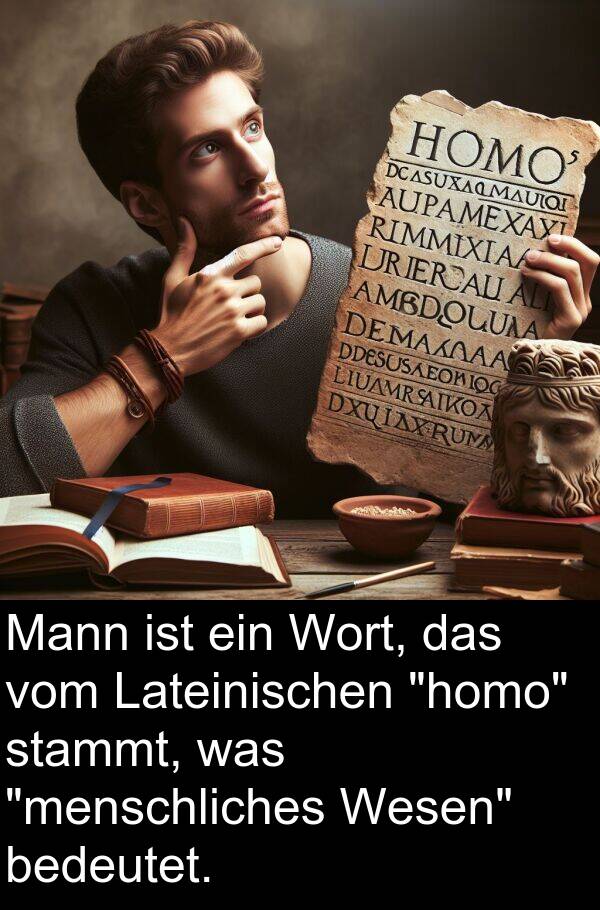 stammt: Mann ist ein Wort, das vom Lateinischen "homo" stammt, was "menschliches Wesen" bedeutet.