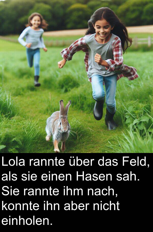 Feld: Lola rannte über das Feld, als sie einen Hasen sah. Sie rannte ihm nach, konnte ihn aber nicht einholen.