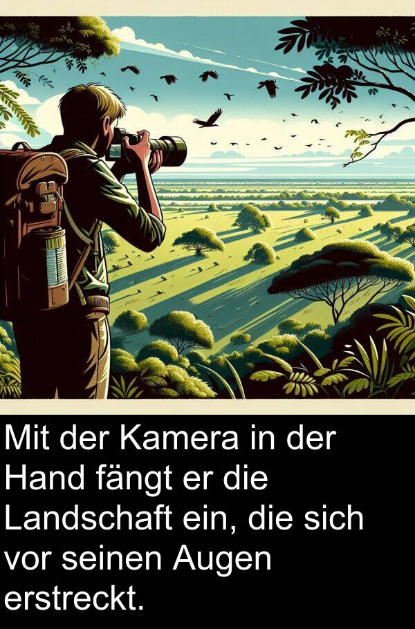 fängt: Mit der Kamera in der Hand fängt er die Landschaft ein, die sich vor seinen Augen erstreckt.