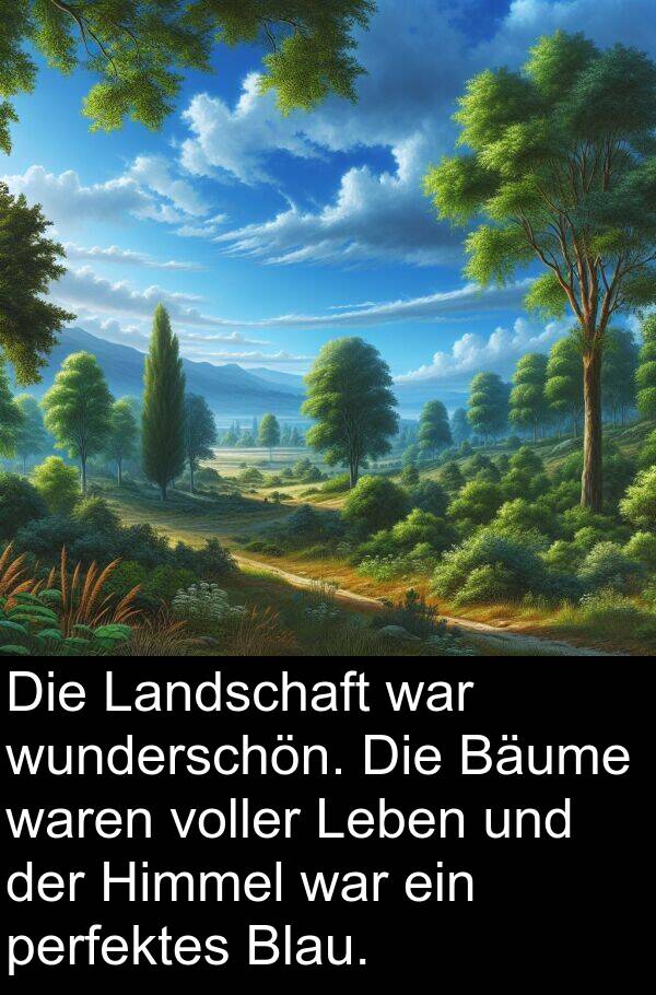 Himmel: Die Landschaft war wunderschön. Die Bäume waren voller Leben und der Himmel war ein perfektes Blau.