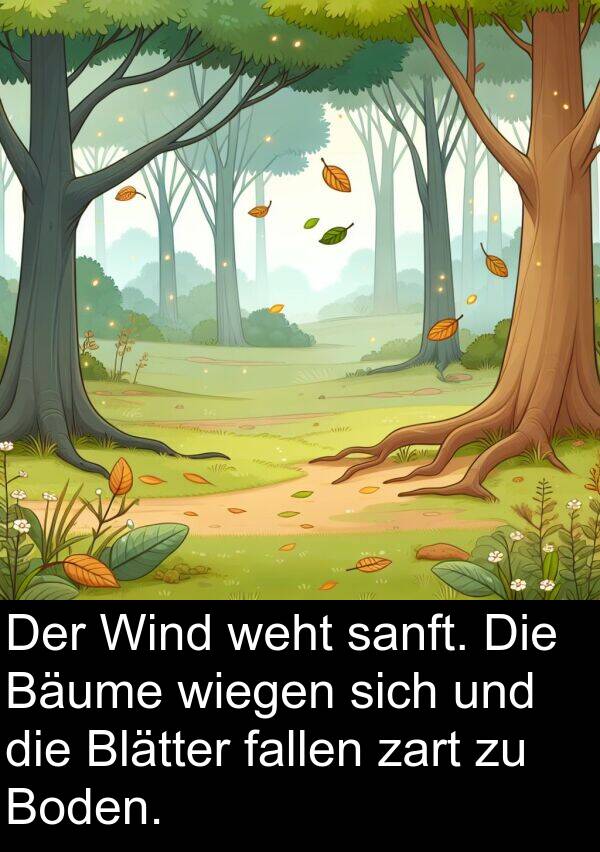 fallen: Der Wind weht sanft. Die Bäume wiegen sich und die Blätter fallen zart zu Boden.