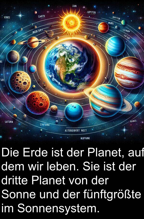 dritte: Die Erde ist der Planet, auf dem wir leben. Sie ist der dritte Planet von der Sonne und der fünftgrößte im Sonnensystem.