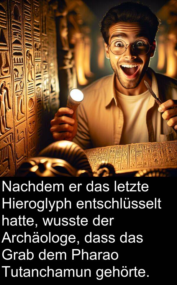 wusste: Nachdem er das letzte Hieroglyph entschlüsselt hatte, wusste der Archäologe, dass das Grab dem Pharao Tutanchamun gehörte.