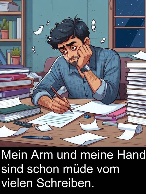 müde: Mein Arm und meine Hand sind schon müde vom vielen Schreiben.