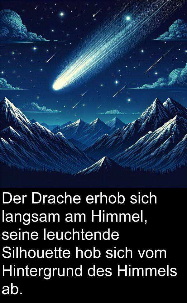 Drache: Der Drache erhob sich langsam am Himmel, seine leuchtende Silhouette hob sich vom Hintergrund des Himmels ab.