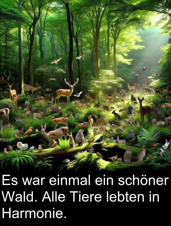 Wald: Es war einmal ein schöner Wald. Alle Tiere lebten in Harmonie.