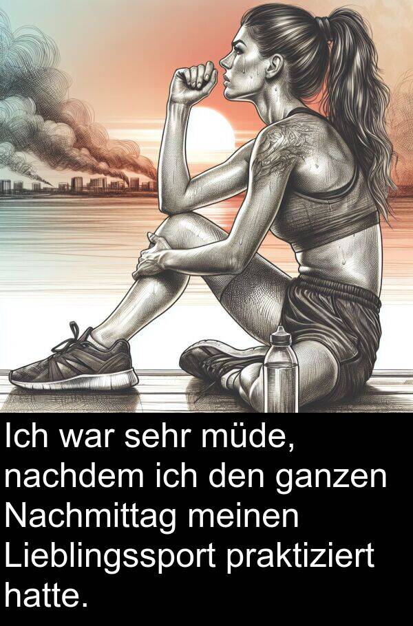 Nachmittag: Ich war sehr müde, nachdem ich den ganzen Nachmittag meinen Lieblingssport praktiziert hatte.