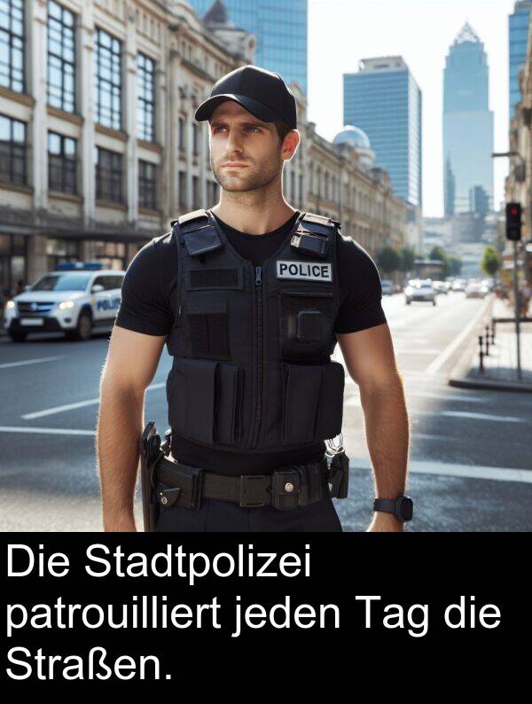Stadtpolizei: Die Stadtpolizei patrouilliert jeden Tag die Straßen.