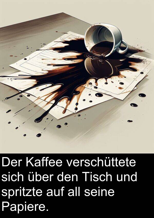 Papiere: Der Kaffee verschüttete sich über den Tisch und spritzte auf all seine Papiere.